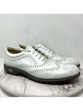 Ecco Tour Hybrid White Leather Wingtip Oxford Spikeless Golf Cleats 46/12-12.5